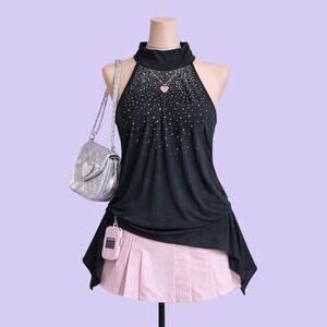Vintage Y2K Black Rhinestone Halter Top Asymmetrical Hem Women's M Stretchy Goth
